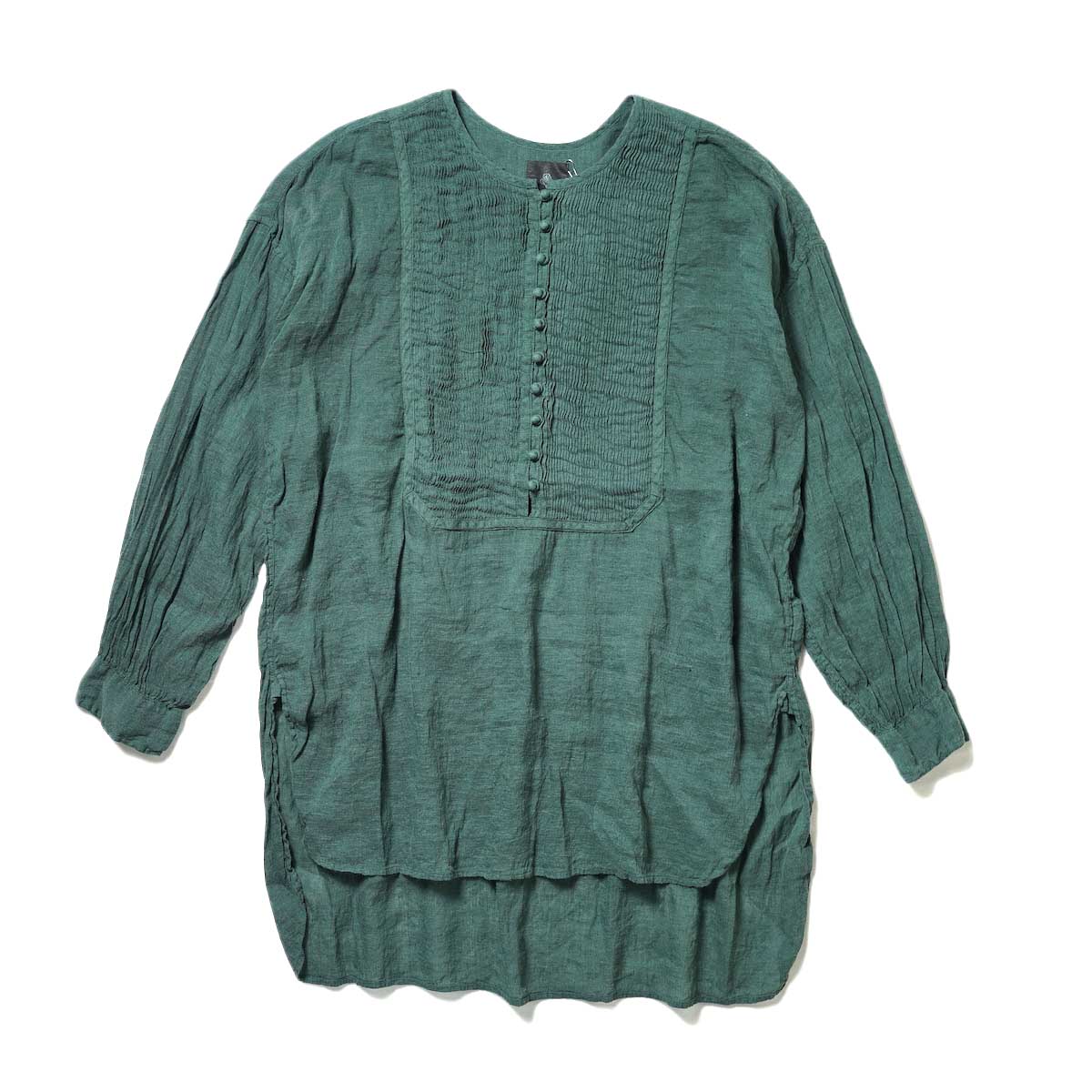 maison de soil / HANDWOVEN KHADI COTTON / LINEN PLAIN (OVERDYE) CREW-NECK BOSOM LONG SHIRT WITH MINI PINTUCK (Green)