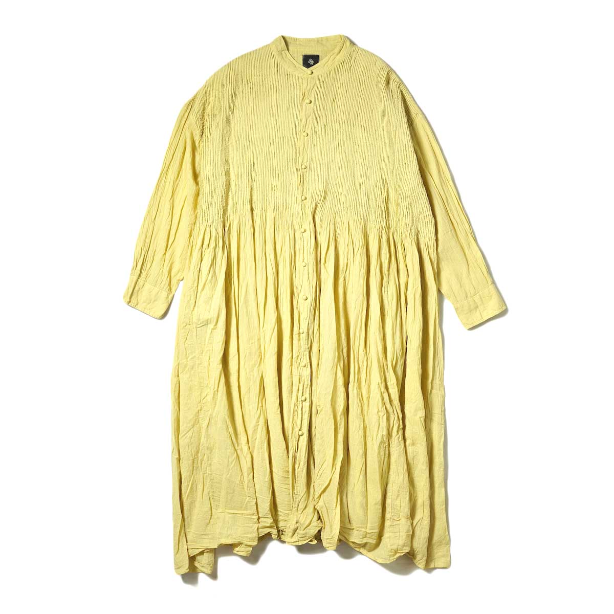maison de soil / 80'S ORGANIC VOILE STRIPE (HANDDYE) BANDED COLLAR SHIRT DRESS WITH MINI PINTUCK (Yellow)