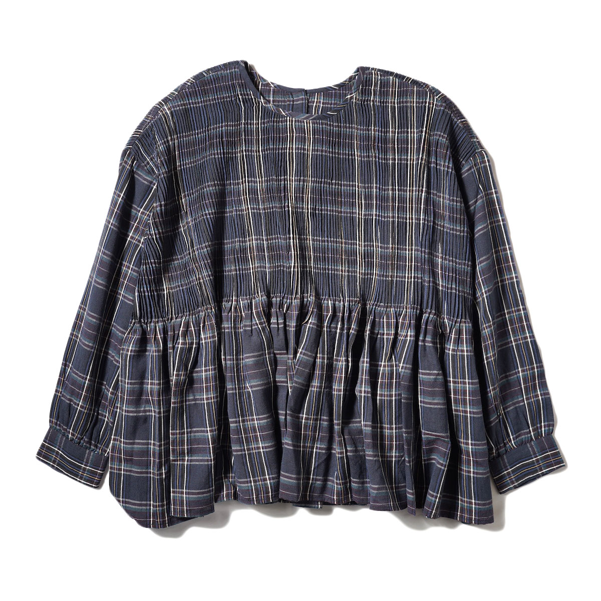 maison de soil / WOOL/COTTON PLAIN WEAVE CHECK CREW-NECK P/O SHIRT WITH MINI PINTUCK (Lt.Navy Check)