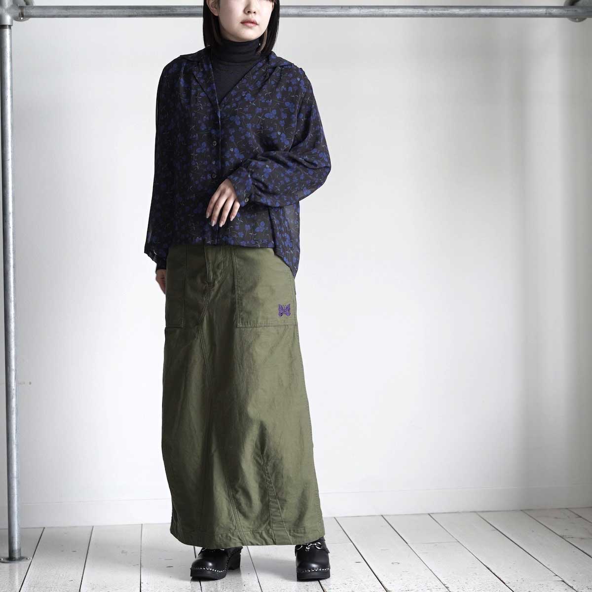 Needles / String Fatigue Skirt - Back Sateen (Olive) 身長159cm着用イメージ正面