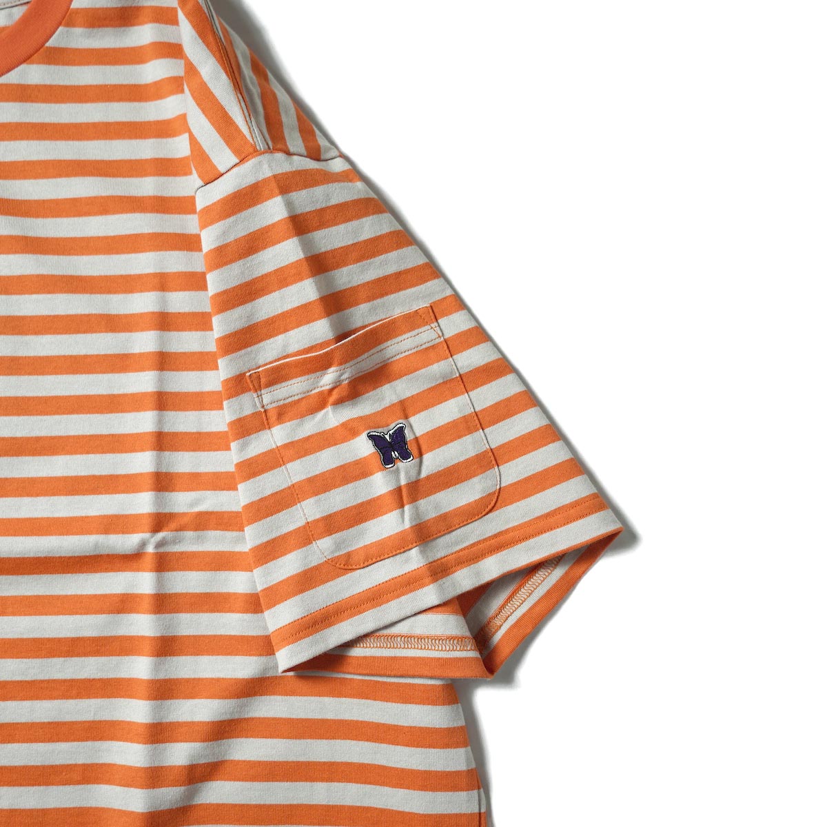Needles / S/S Crew Neck Tee - Cotton Stripe Jersey (Orange/Beige)袖