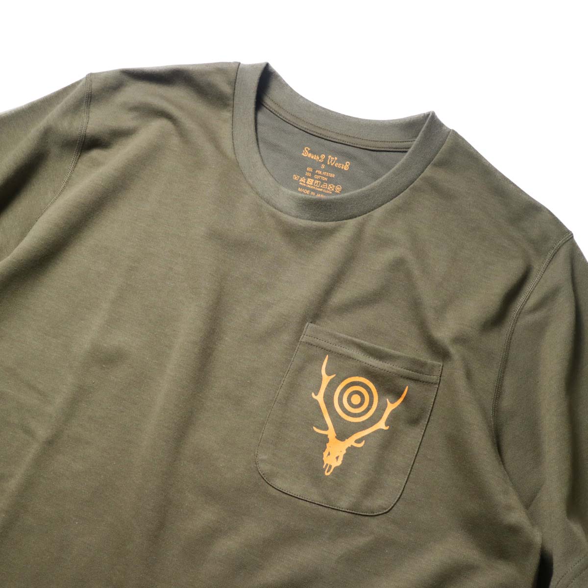 South2 West8 / S/S ROUND POCKET TEE - CIRCLE HORN (Olive)プリント