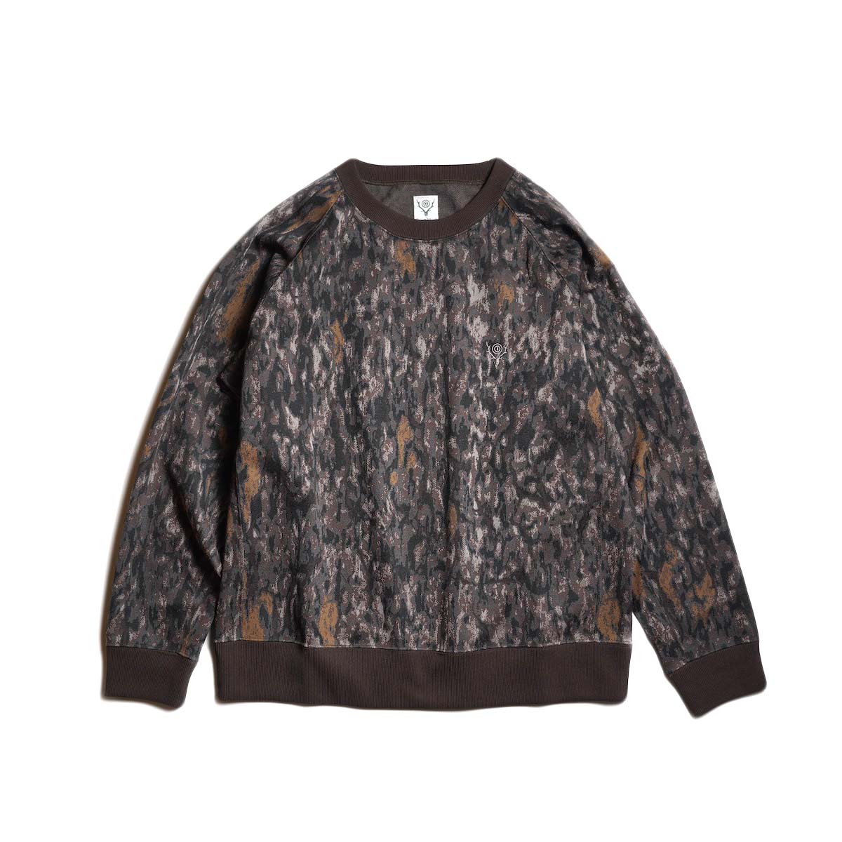 South2 West8 / Trainer Crew Neck Shirt-Horn Camo Jacquard (Brown)