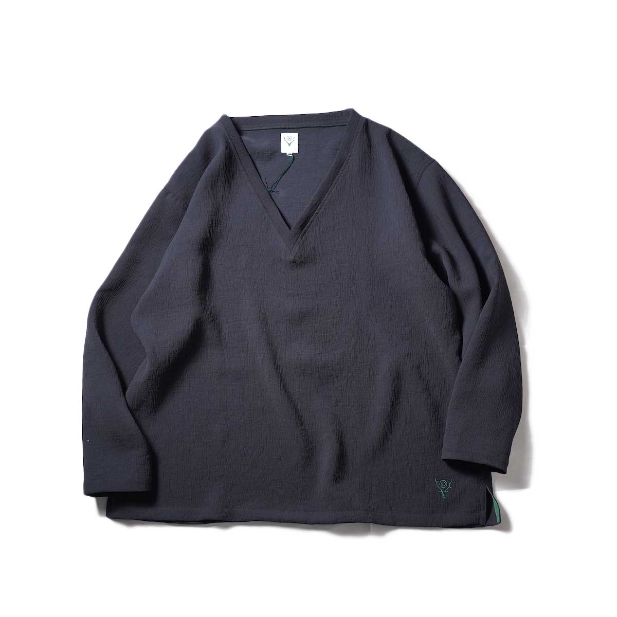 South2 West8 / S.S.V Neck Shirt - Poly Crepe Double Cloth (Black)