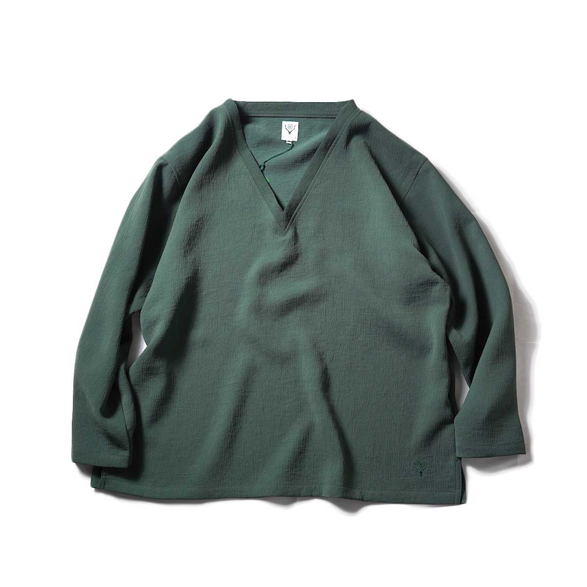 South2 West8 / S.S.V Neck Shirt - Poly Crepe Double Cloth (Green)