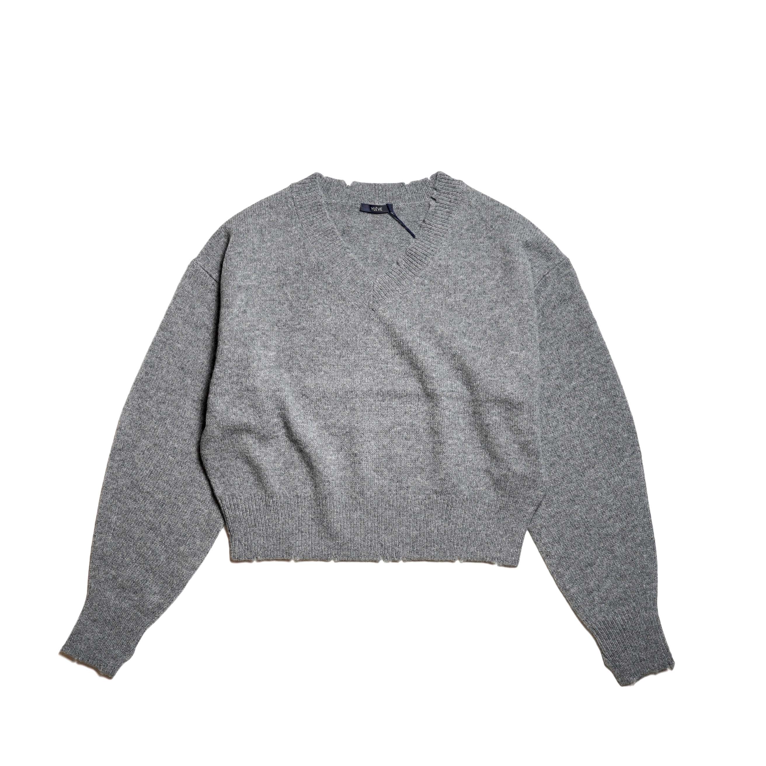 YLEVE / FRAYED EDGE V-NECK KNIT PULLOVER (Flannel)